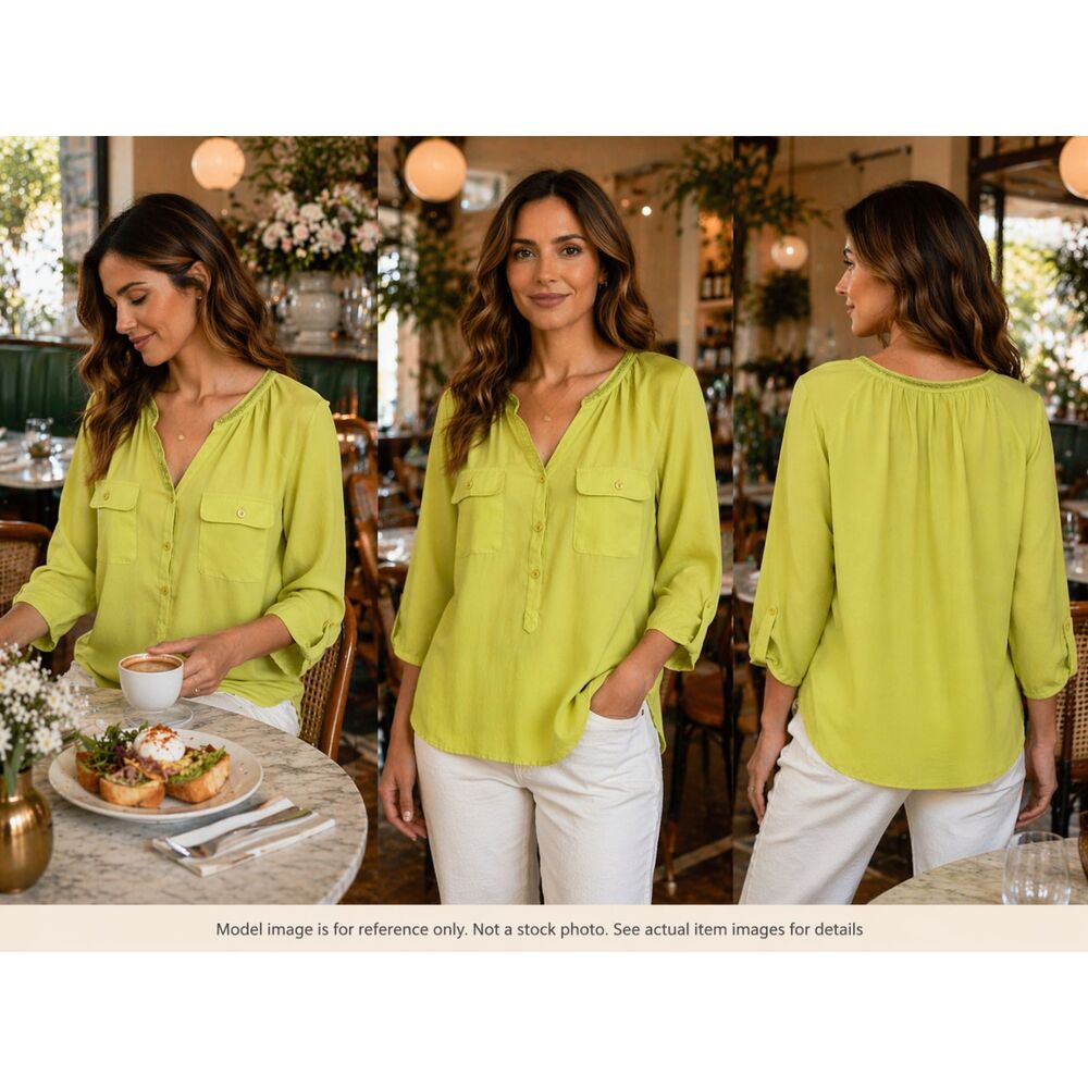 New York & Company Lime Green Beaded Neck Blouse XL